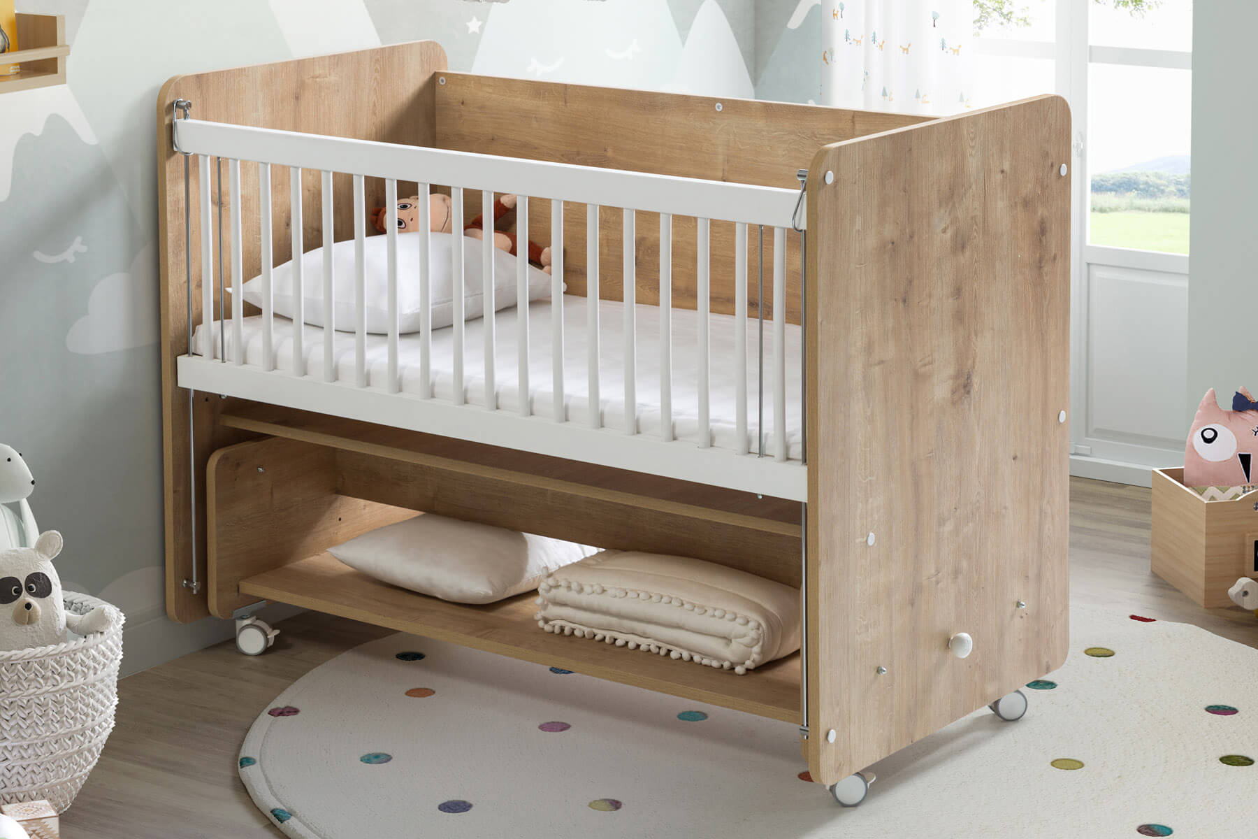 Wooden Rocking Mother Side Crib with Wheels & Drawer 120 X60