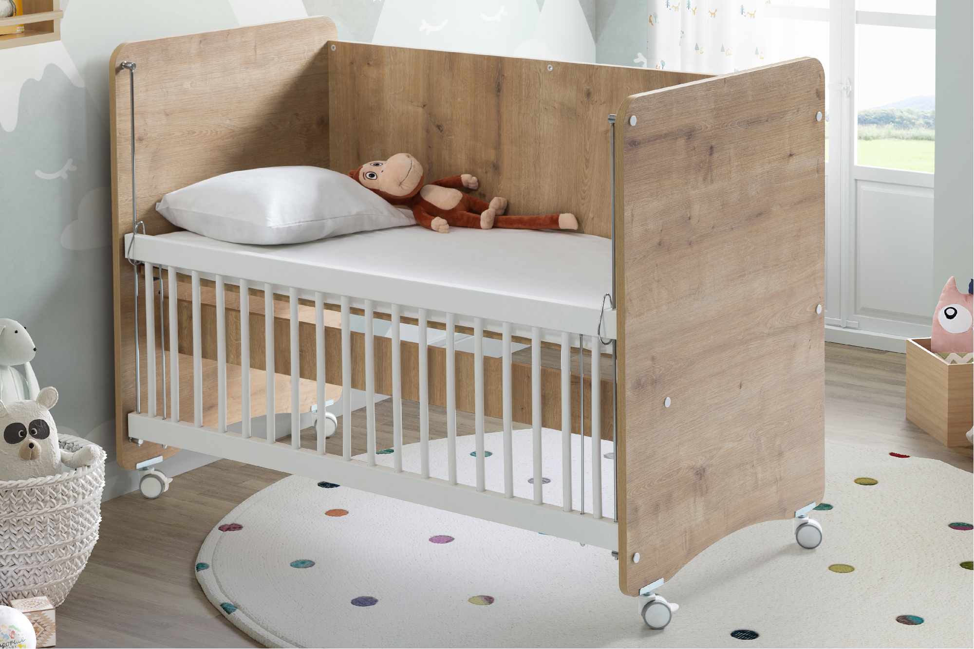 Wooden Mother Side Crib with wheels 120 X60