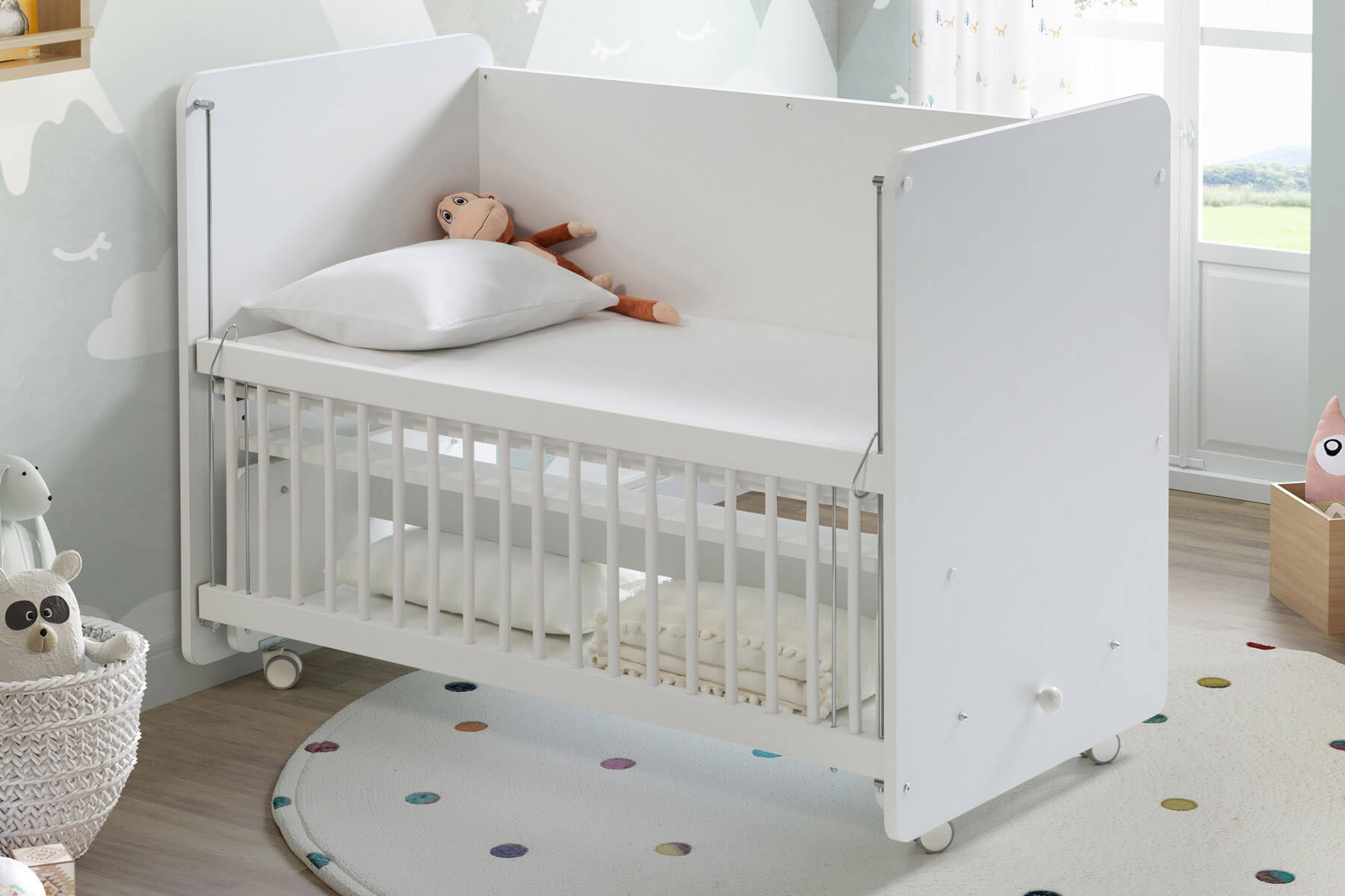 White Rocking Mother Side Crib & Wheels & Drawer 120 X60