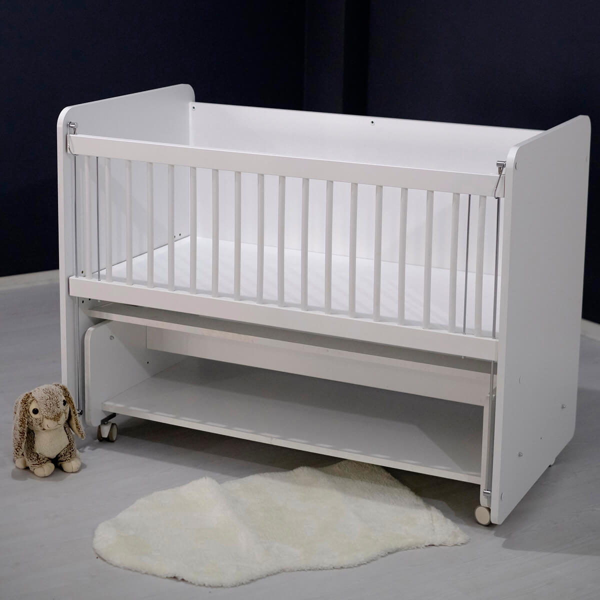 White Rocking Mother Side Crib & Wheels & Drawer 120 X60