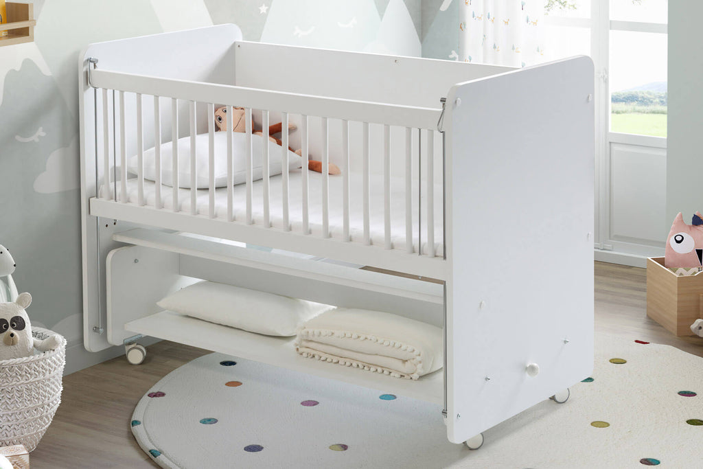 White Rocking Mother Side Crib & Wheels & Drawer 120 X60