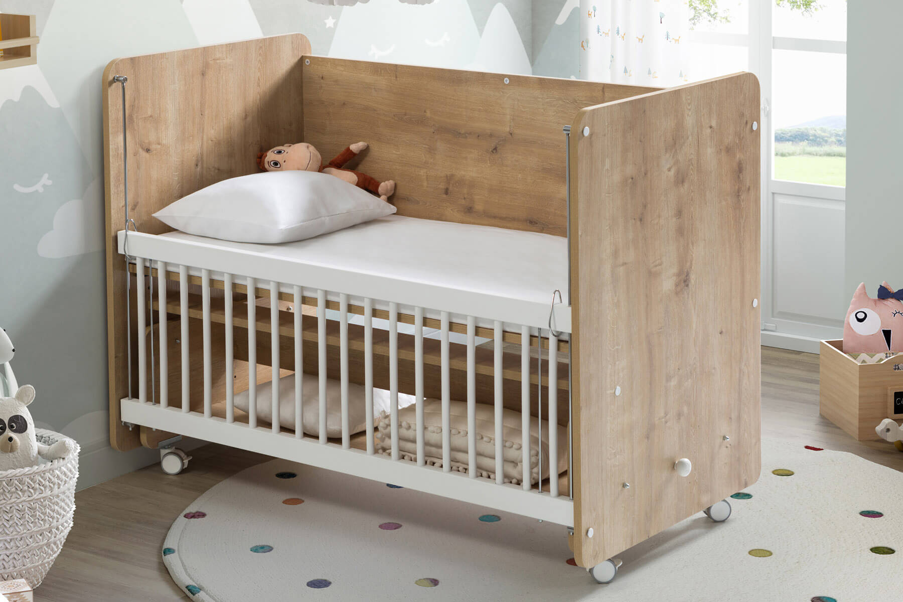 Wooden Rocking Mother Side Crib with Wheels & Drawer 120 X60